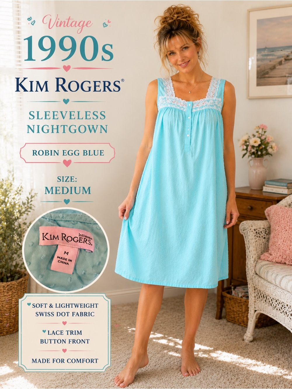 Vintage 90s Kim Rogers Robin’s Egg Blue Swiss Dot Cotton Nightgown M